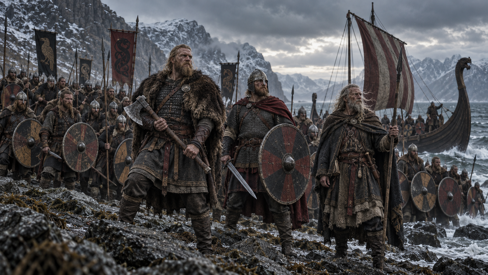 Bjorn Ironfist, Svend the Iron Wolf, Thorvald Stormbreaker, and their raiders
