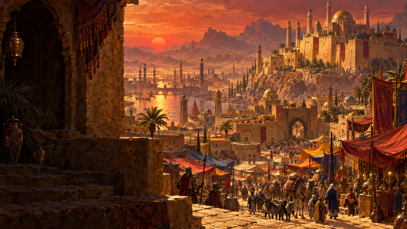 Sword-and-sorcery hero overlooking a city
